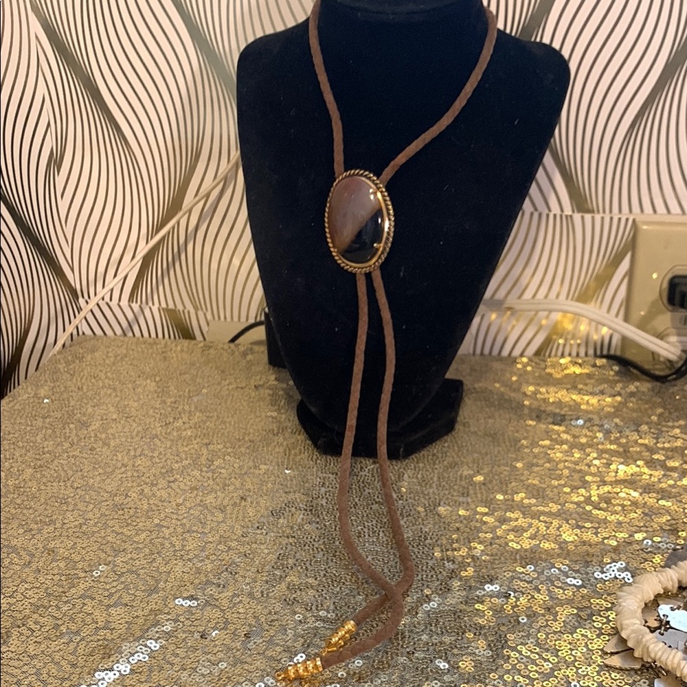 Banded Agate Bolo Tie mocha, brown and beige shade with brown cord